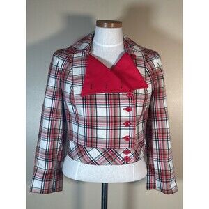 Vintage Women 70s Red & Black Plaid Cropped Jacket  Big Collar Lapel C-34" Small